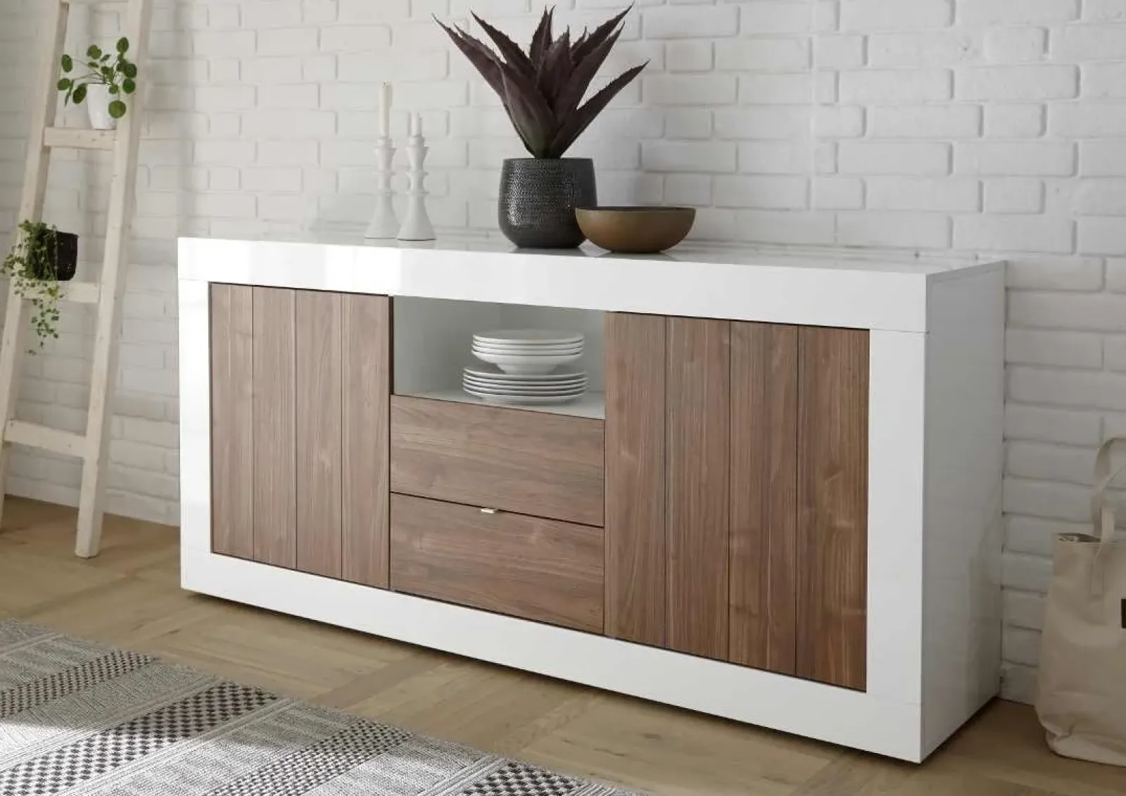 Garnero Arredamenti Credenze Moderne|Madie Moderne-Madia 184x86h cm 2 ante 2 cassetti bianco lucido noce Florena Bianco Lucido - Noce