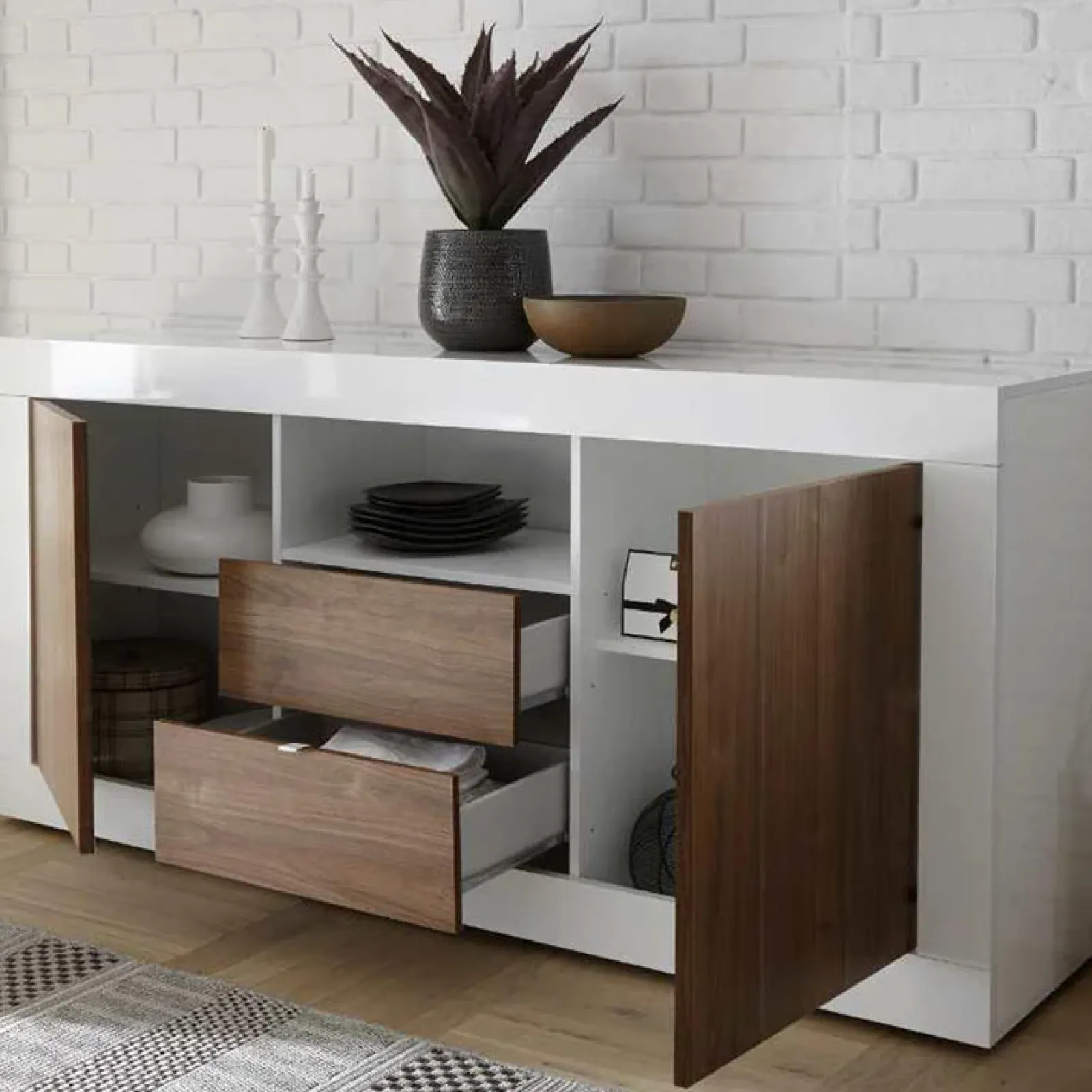 Garnero Arredamenti Credenze Moderne|Madie Moderne-Madia 184x86h cm 2 ante 2 cassetti bianco lucido noce Florena Bianco Lucido - Noce