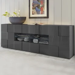 Garnero Arredamenti Credenze Moderne|Madie Moderne-Madia 241x84h cm 2 ante 4 cassetti moderna grigio lucido Obsession Antracite