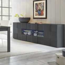 Garnero Arredamenti Credenze Moderne|Madie Moderne-Madia 241x84h cm 2 ante 4 cassetti moderna grigio lucido Obsession Antracite