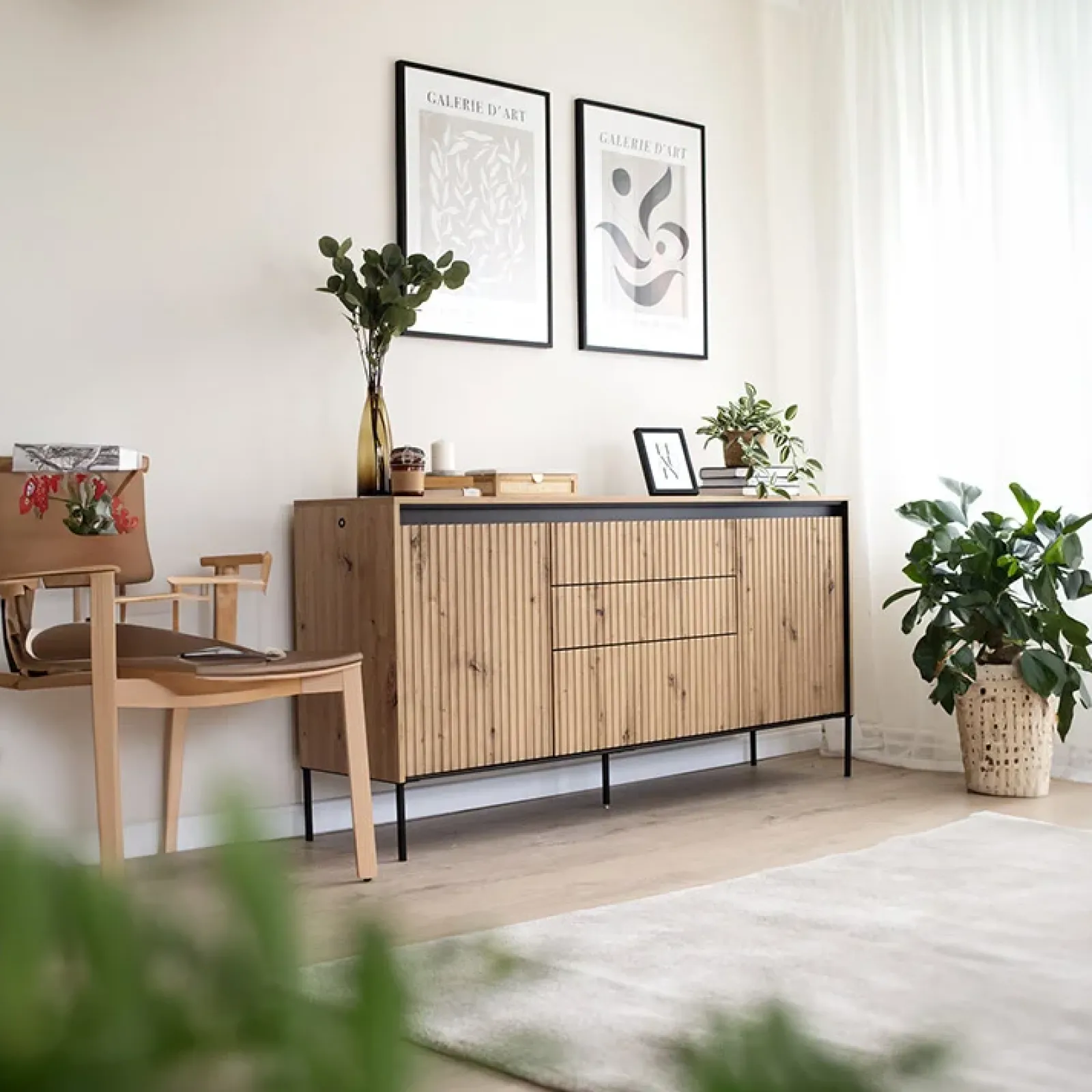 Garnero Arredamenti Madie Moderne|Madie Moderne-Madia 166x83h cm 2 ante 3 cassetti con led cannettato nero Camelia Rovere Rustico