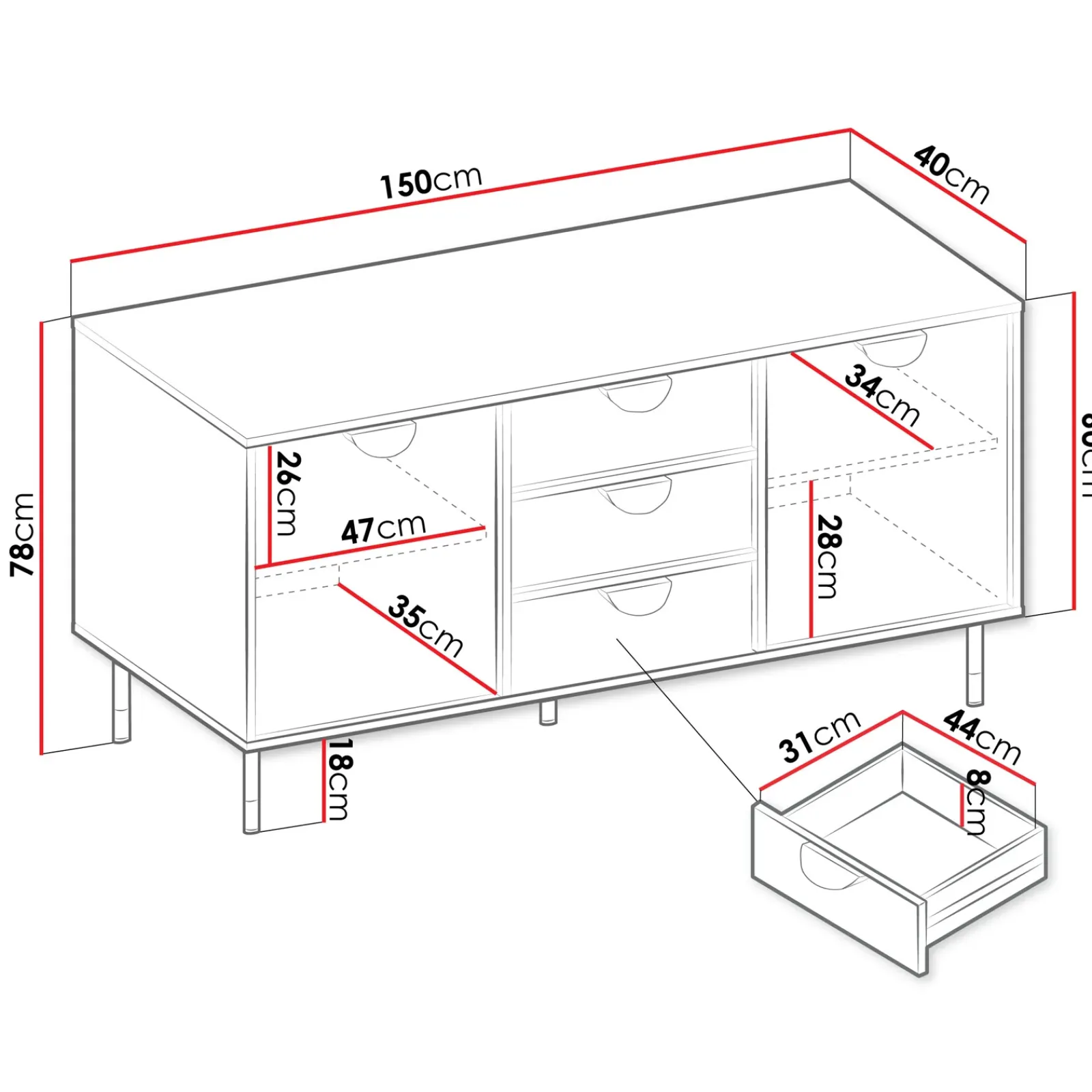 Garnero Arredamenti Madie Moderne|Madie Moderne-Madia 150x78h cm 2 ante 3 cassetti moderna nero oro Oriana