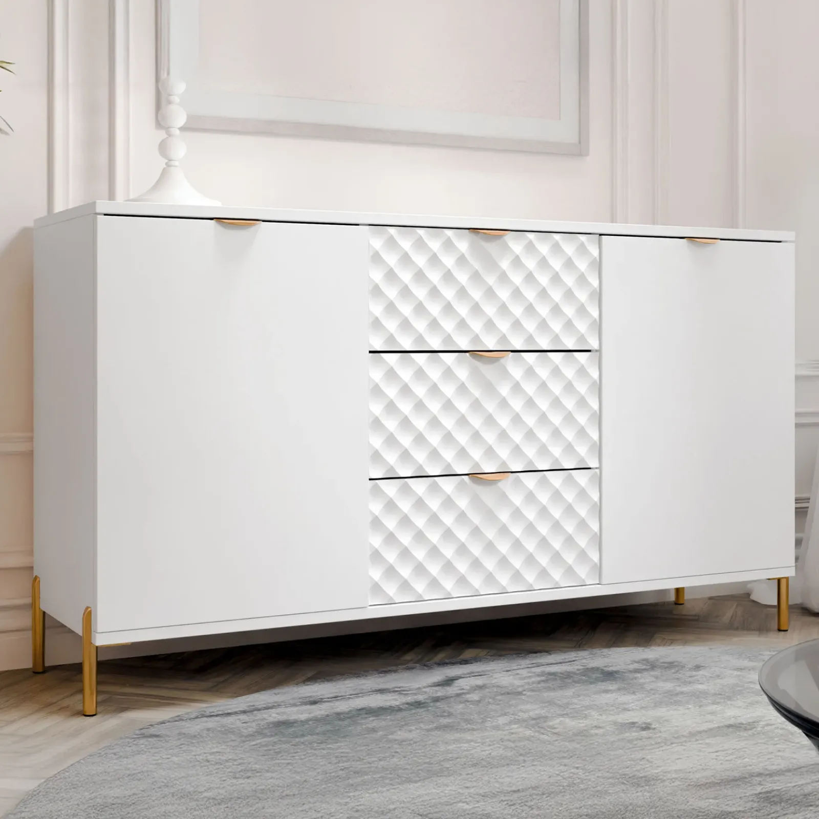 Garnero Arredamenti Credenze Moderne|Madie Moderne-Madia 150x85h cm 2 ante 3 cassetti con frontali decorati bianco Amsterdam