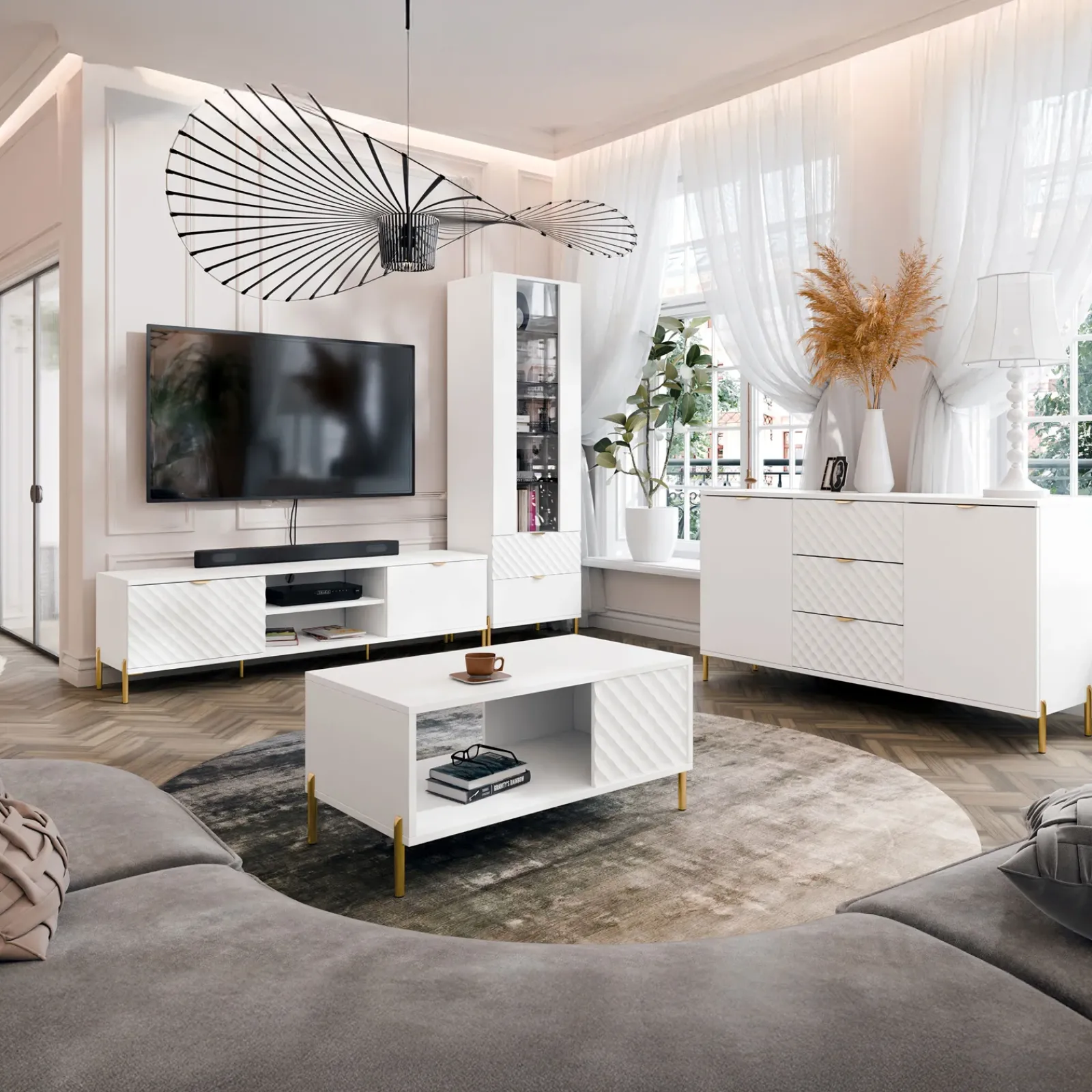 Garnero Arredamenti Credenze Moderne|Madie Moderne-Madia 150x85h cm 2 ante 3 cassetti con frontali decorati bianco Amsterdam