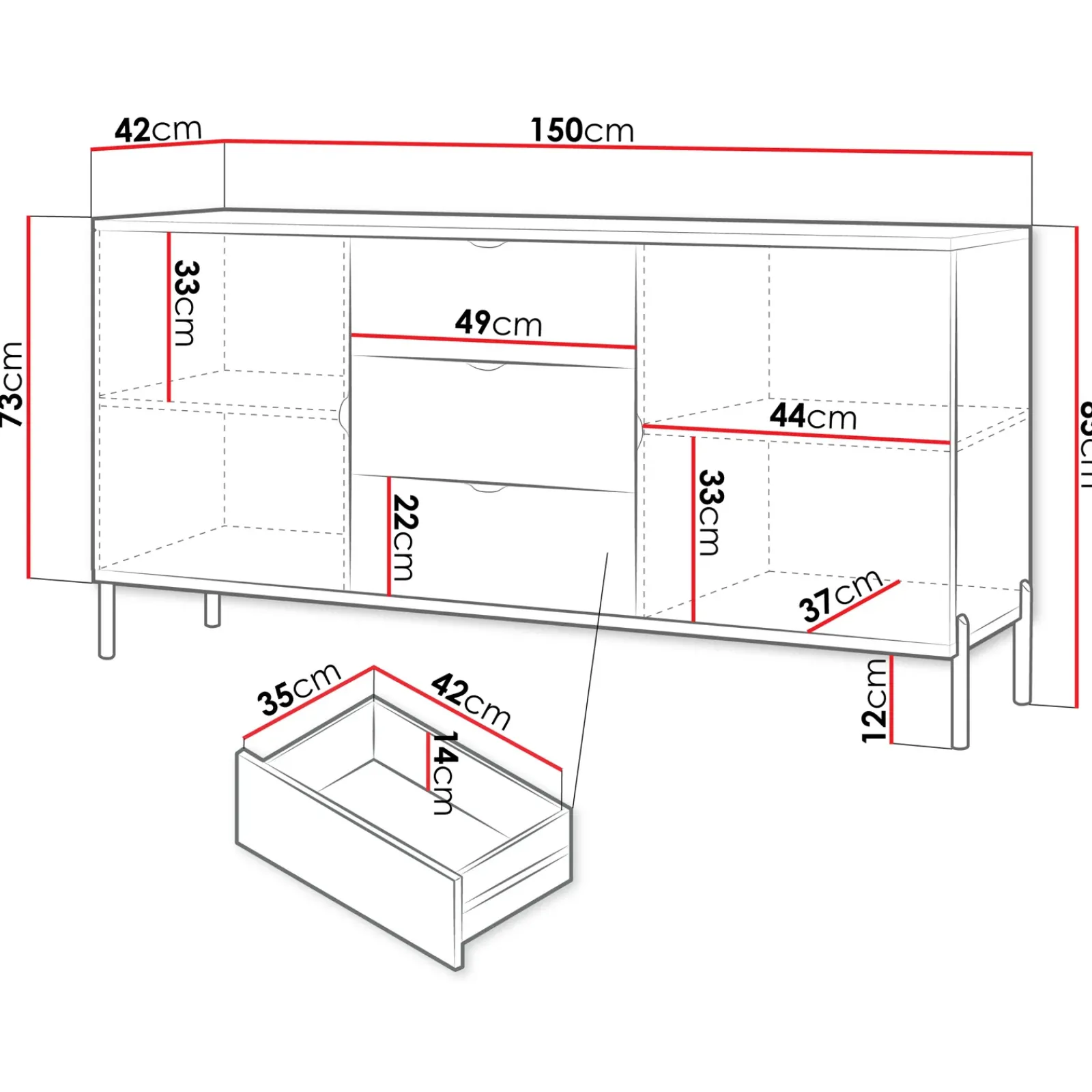 Garnero Arredamenti Credenze Moderne|Madie Moderne-Madia 150x85h cm 2 ante 3 cassetti con frontali decorati bianco Amsterdam