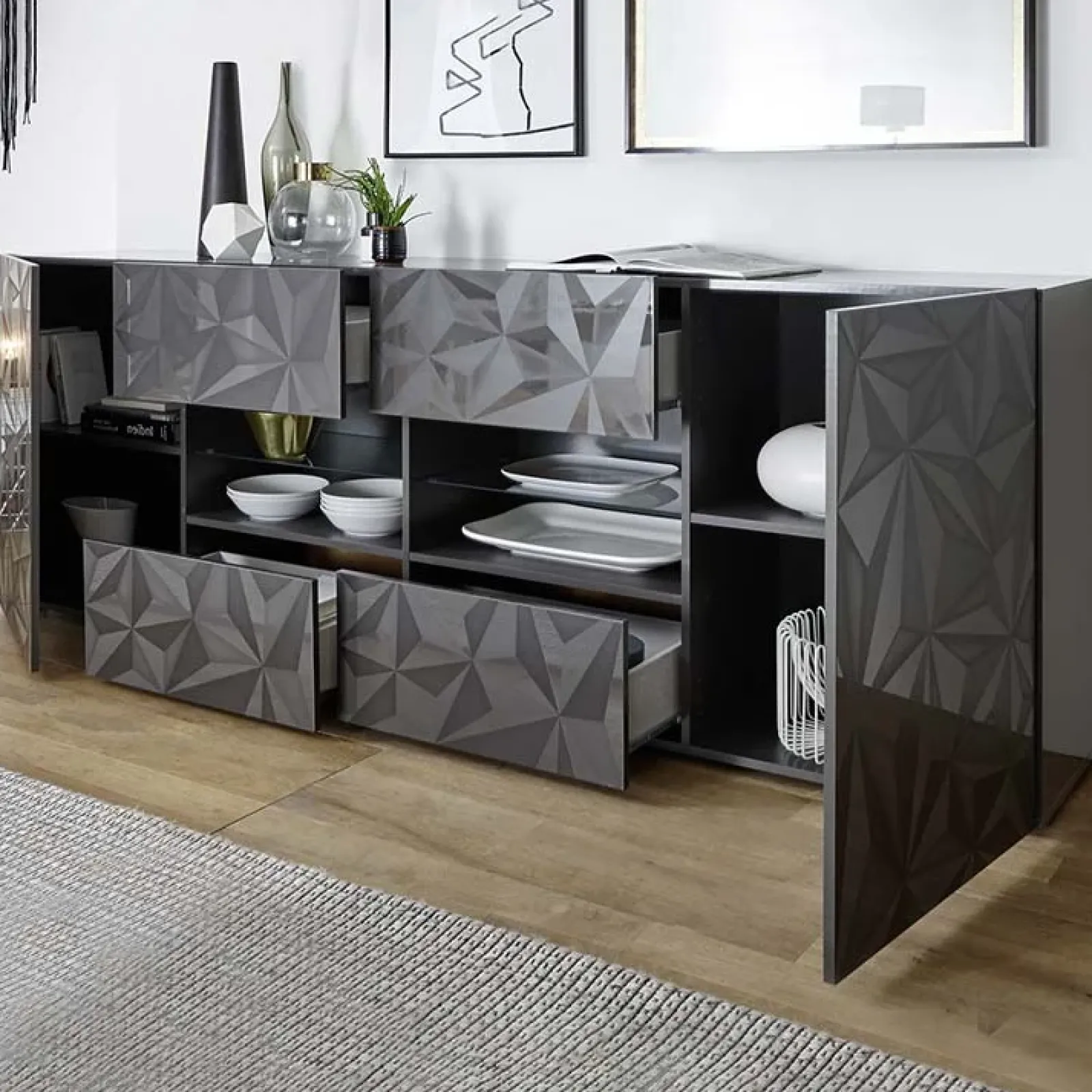 Garnero Arredamenti Credenze Moderne|Madie Moderne-Madia 241x84h cm 2 ante 4 cassetti grigio lucido con serigrafia Marvis