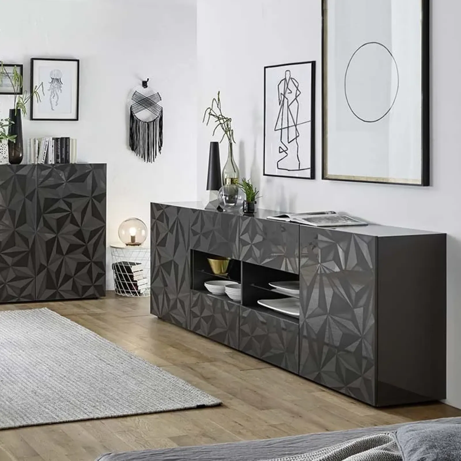 Garnero Arredamenti Credenze Moderne|Madie Moderne-Madia 241x84h cm 2 ante 4 cassetti grigio lucido con serigrafia Marvis