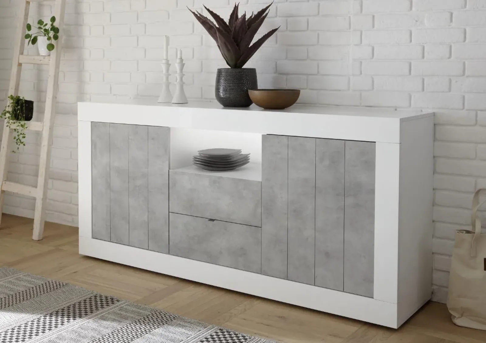 Garnero Arredamenti Credenze Moderne|Madie Moderne-Madia 184x86h cm 2 ante 2 cassetti bianco lucido cemento Florena Bianco Lucido - Cemento