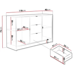 Garnero Arredamenti Madie Moderne|Madie Moderne-Madia 118x75h cm 2 ante 3 cassetti cannettato nero Athena Nero Opaco