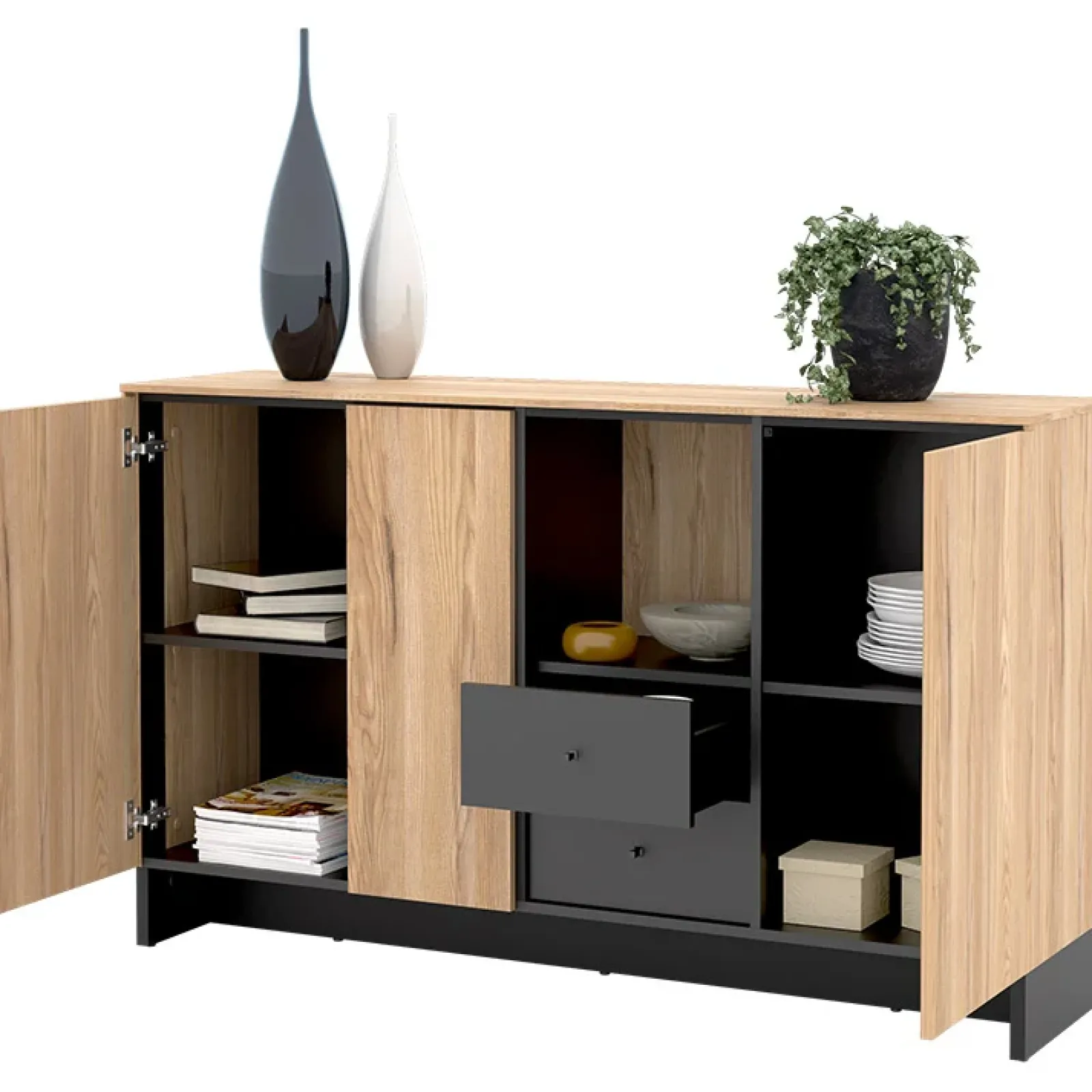 Garnero Arredamenti Madie Moderne|Madie Moderne-Madia 150x91h cm 2 ante 1 cassetto 1 vano giorno rovere nero Alabaster