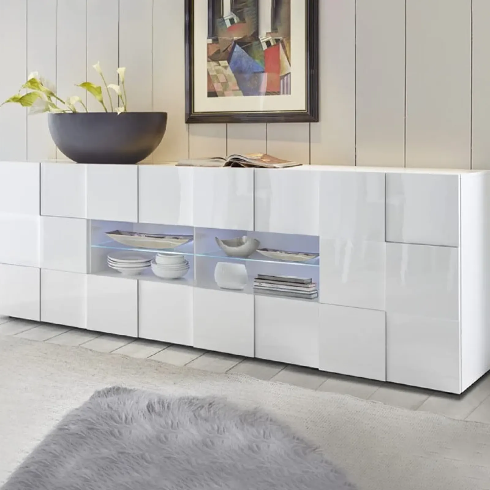 Garnero Arredamenti Credenze Moderne|Madie Moderne-Madia 241x84h cm 2 ante 4 cassetti moderna Obsession Bianco Lucido