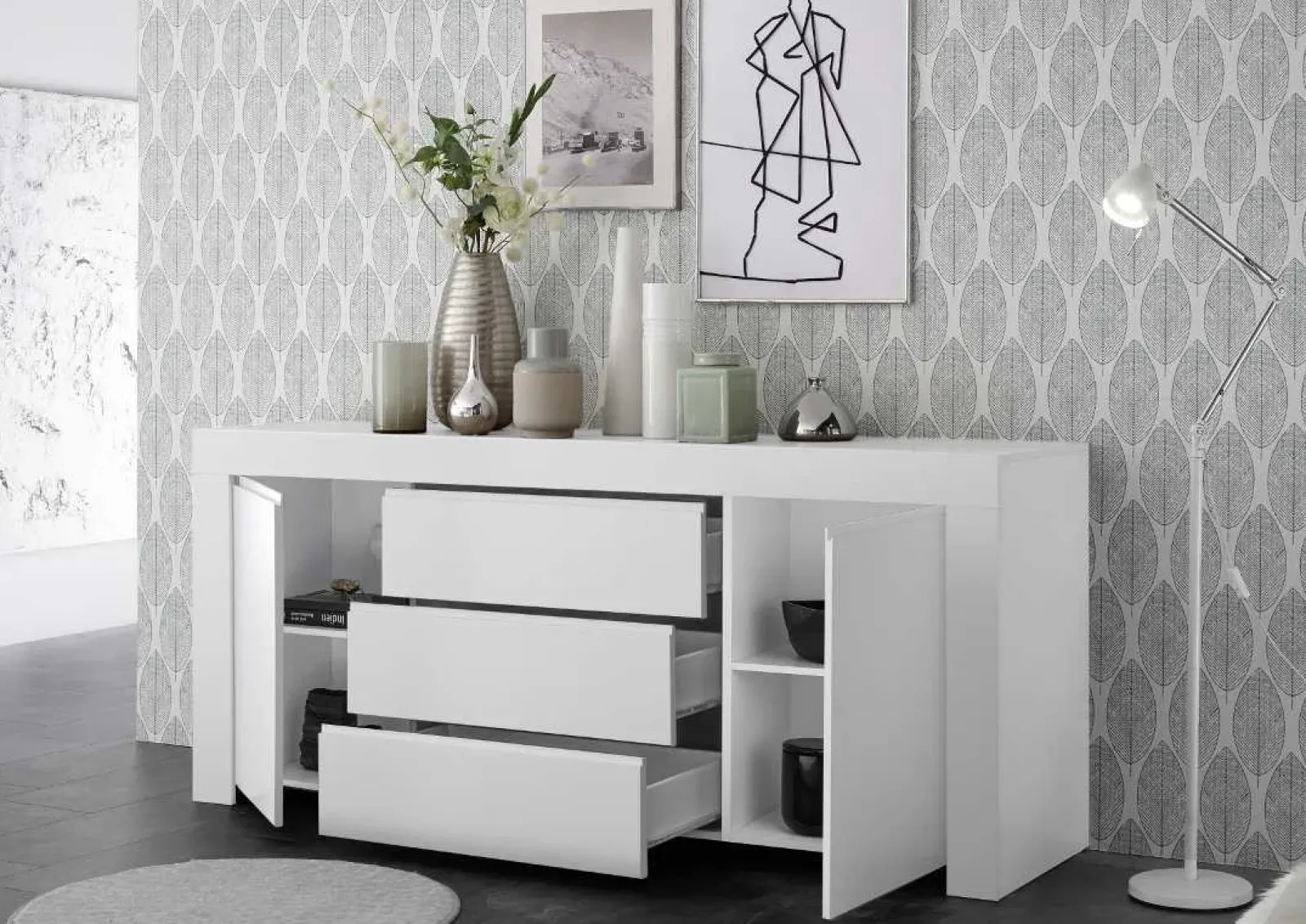 Garnero Arredamenti Credenze Moderne|Madie Moderne-Madia 184x81h cm 2 ante 3 cassetti moderna Halston Bianco Opaco