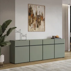 Garnero Arredamenti Credenze Moderne|Madie Moderne-Madia 225x78h cm 4 ante 4 cassetti moderna verde nero Lolla Verde Salvia
