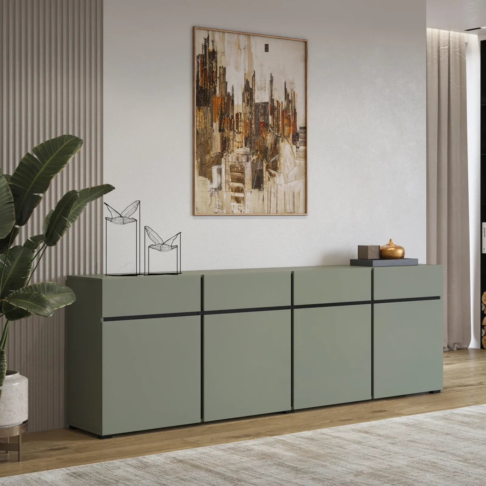 Garnero Arredamenti Credenze Moderne|Madie Moderne-Madia 225x78h cm 4 ante 4 cassetti moderna verde nero Lolla Verde Salvia