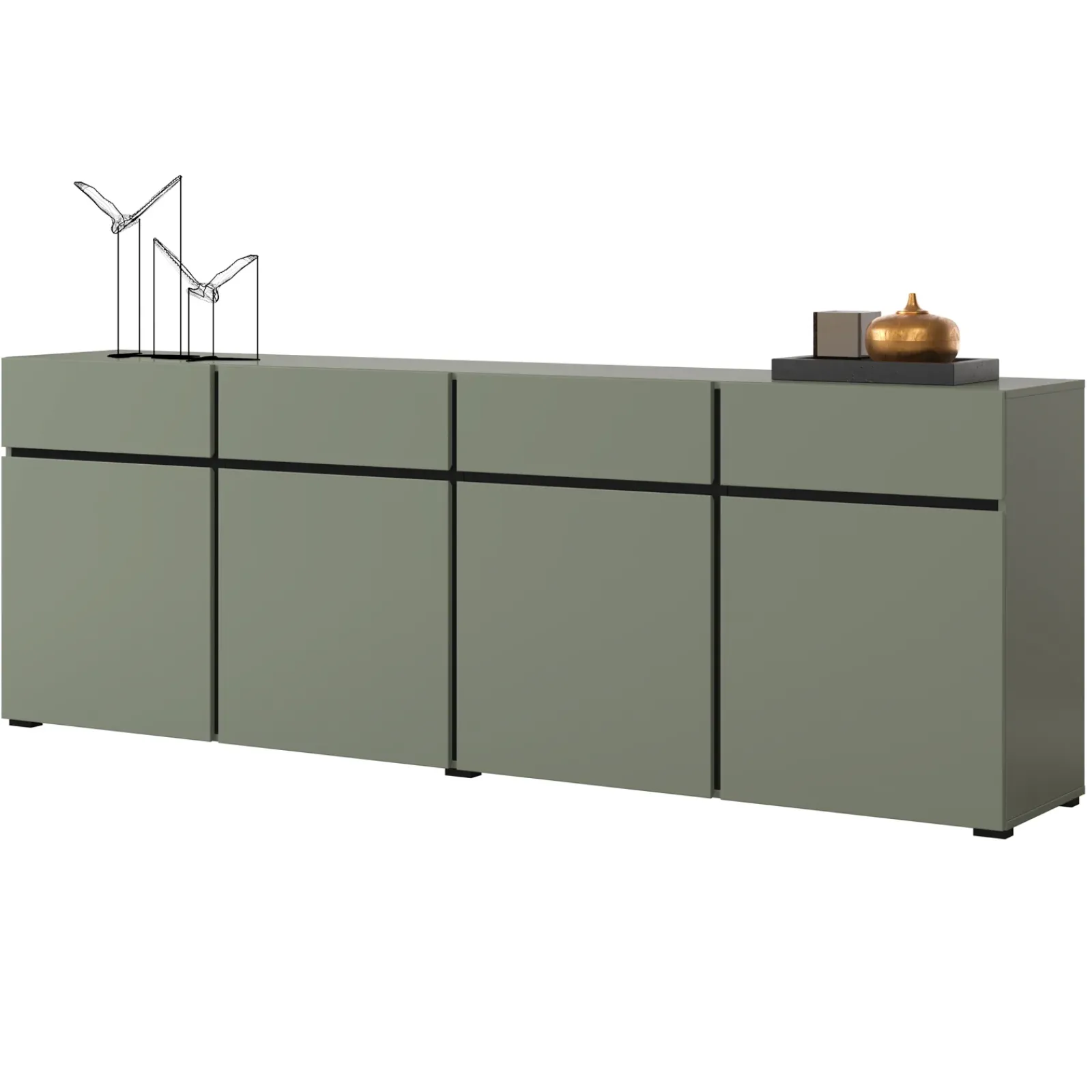 Garnero Arredamenti Credenze Moderne|Madie Moderne-Madia 225x78h cm 4 ante 4 cassetti moderna verde nero Lolla Verde Salvia