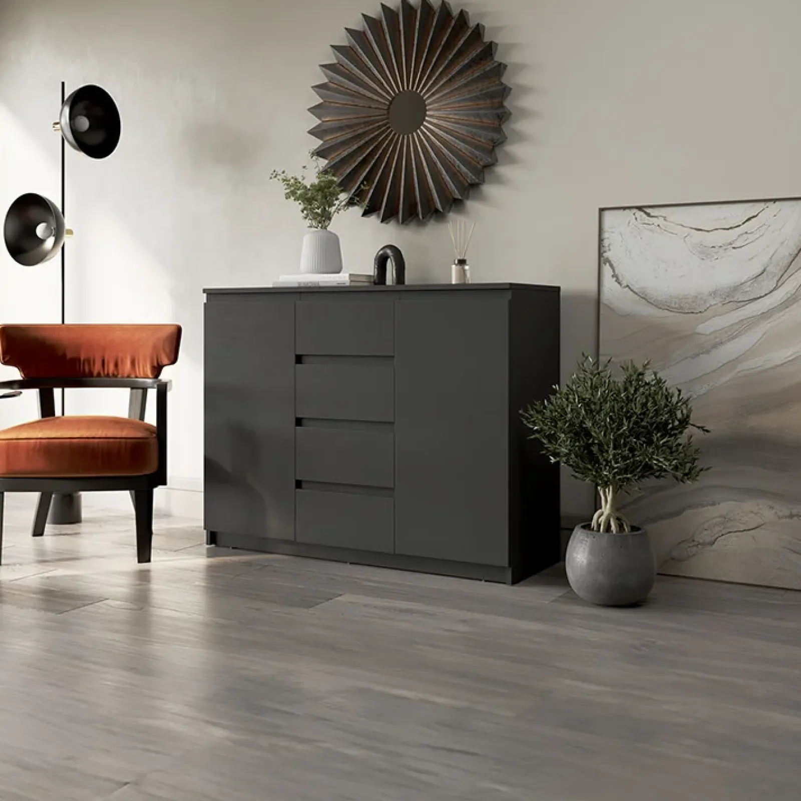 Garnero Arredamenti Madie Moderne|Madie Moderne-Madia 109x85h cm 2 ante 4 cassetti moderna nero Ombra Nero Opaco