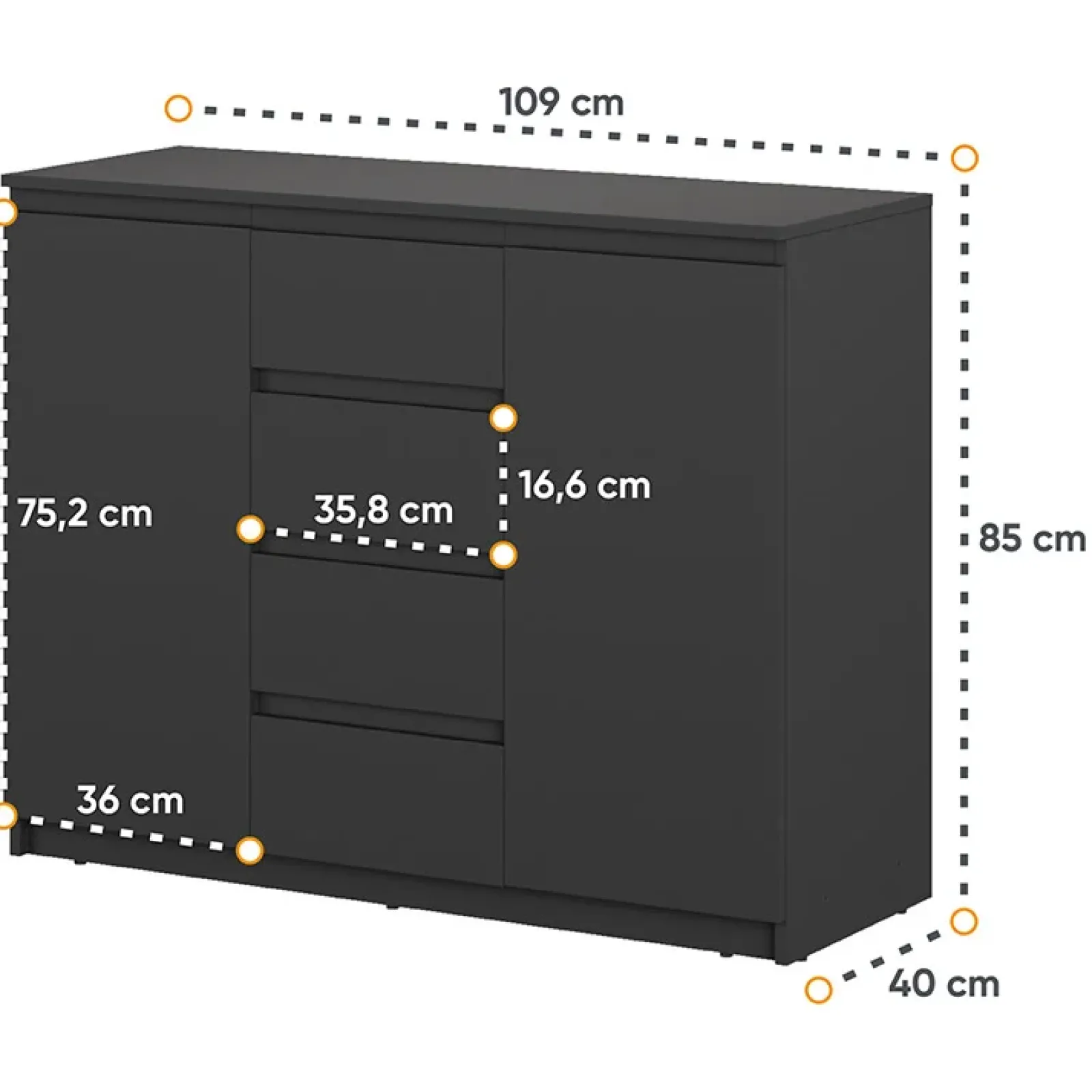Garnero Arredamenti Madie Moderne|Madie Moderne-Madia 109x85h cm 2 ante 4 cassetti moderna nero Ombra Nero Opaco