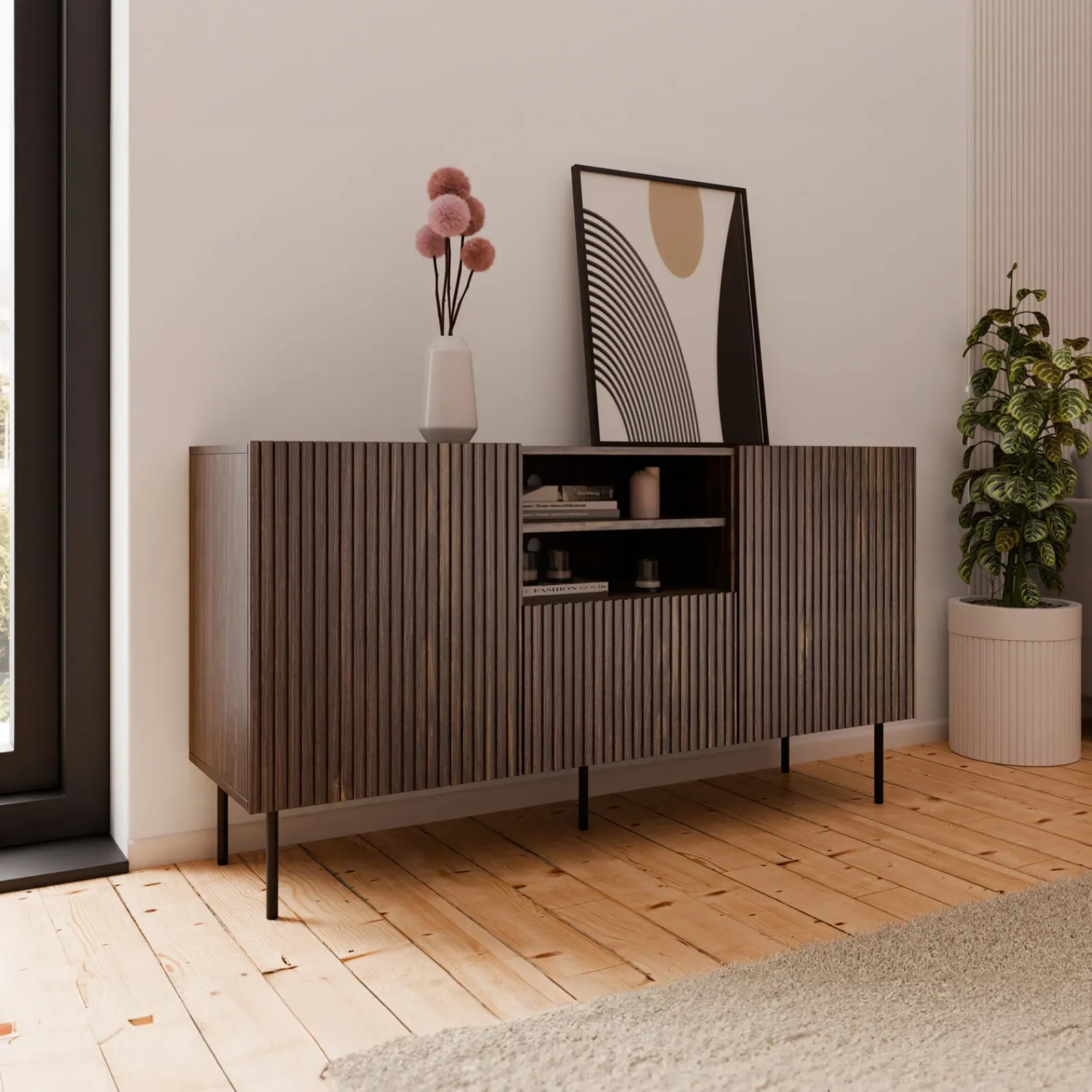 Garnero Arredamenti Credenze Moderne-Madia 151x81h cm 2 ante 1 cassetto 2 vani a giorno noce cannettato Gabiot