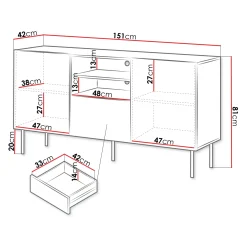 Garnero Arredamenti Credenze Moderne-Madia 151x81h cm 2 ante 1 cassetto 2 vani a giorno noce cannettato Gabiot