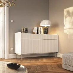 Garnero Arredamenti Madie Moderne|Madie Moderne-Madia 153x82h cm 3 ante 3 cassetti beige cannettato rovere Fioca