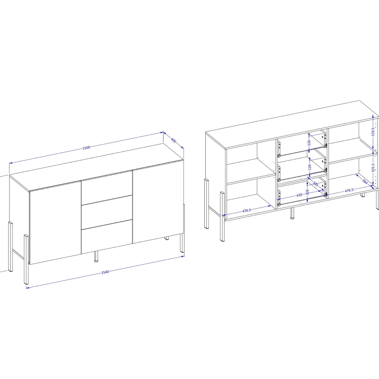 Garnero Arredamenti Credenze Moderne|Madie Moderne-Madia 150x90h cm 2 ante 3 cassetti moderna bianco Simple Bianco Opaco