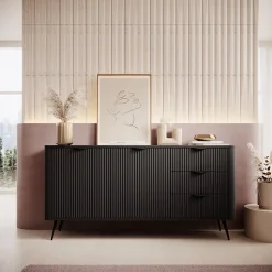 Garnero Arredamenti Madie Moderne|Madie Moderne-Madia 163x81h cm 2 ante 3 cassetti cannettato Ramis Nero Opaco