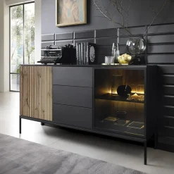 Garnero Arredamenti Madie Moderne|Madie Moderne-Madia 153x83h cm 2 ante 3 cassetti moderna nero rovere antico cannettato Bali