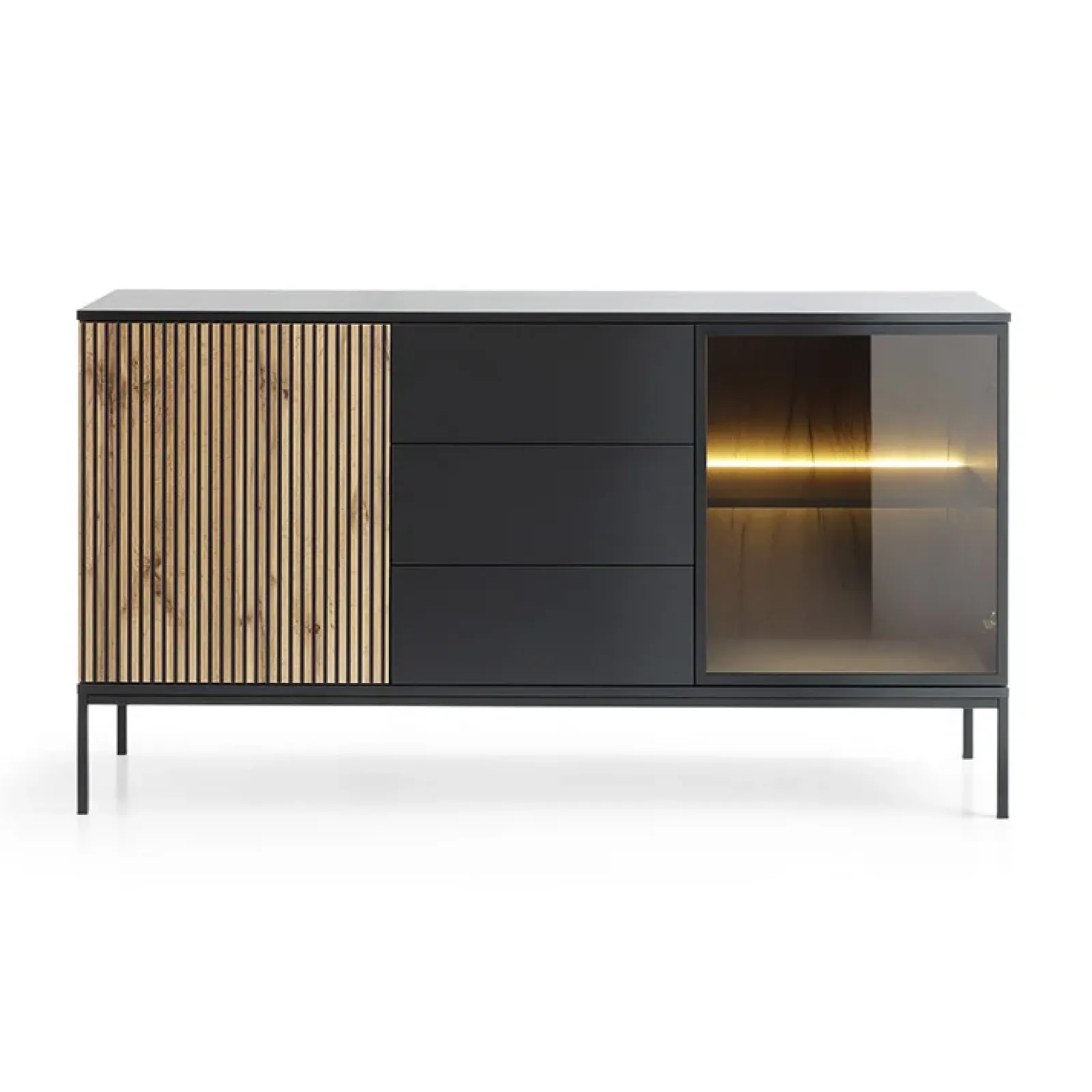 Garnero Arredamenti Madie Moderne|Madie Moderne-Madia 153x83h cm 2 ante 3 cassetti moderna nero rovere antico cannettato Bali