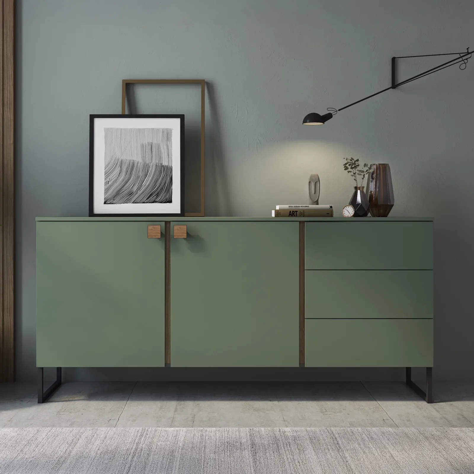 Garnero Arredamenti Madie Moderne|Madie Moderne-Madia 184x87h cm 2 ante 3 cassetti verde salvia scuro rovere Selvia