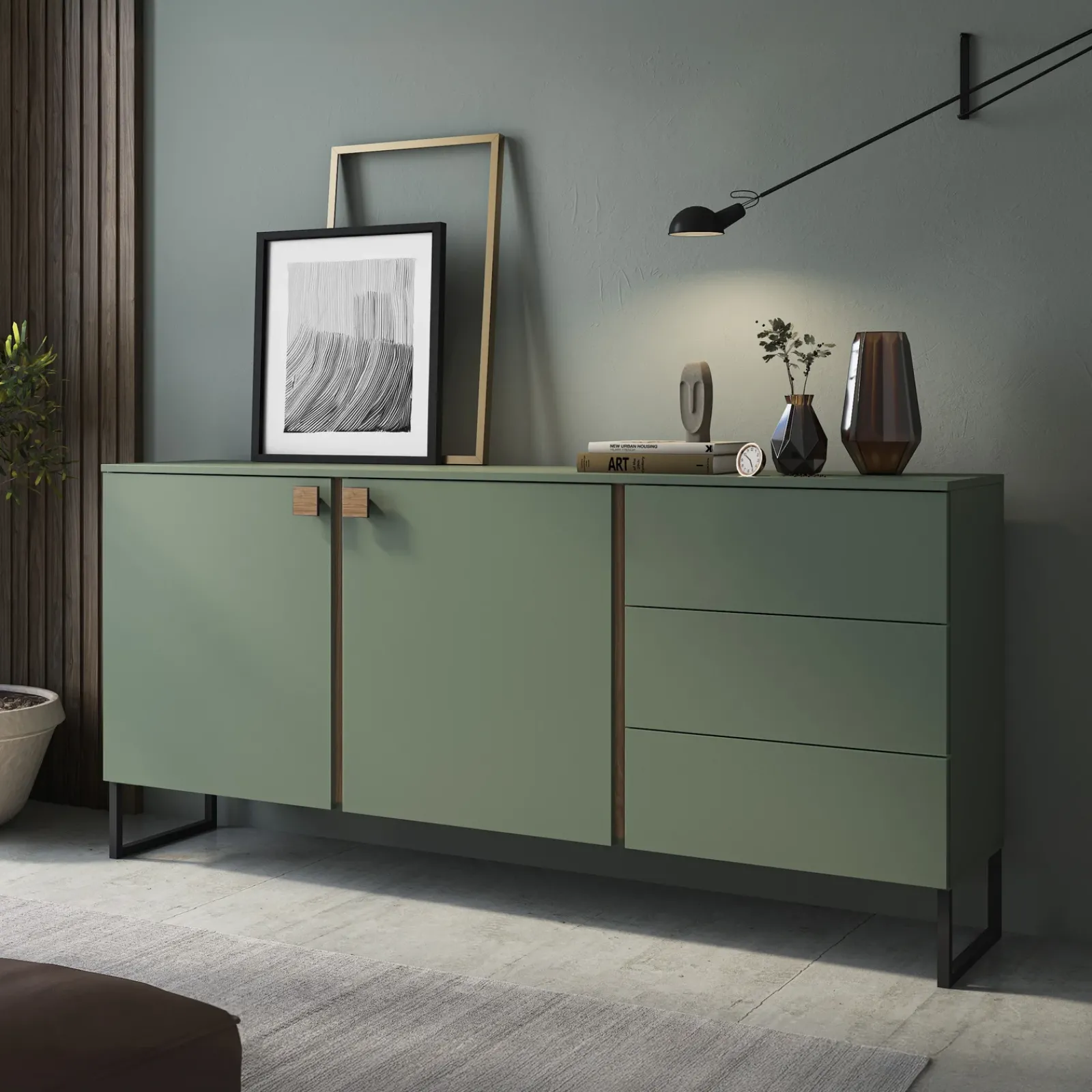 Garnero Arredamenti Madie Moderne|Madie Moderne-Madia 184x87h cm 2 ante 3 cassetti verde salvia scuro rovere Selvia