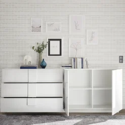 Garnero Arredamenti Credenze Moderne|Madie Moderne-Madia 241x90h cm 2 ante 3 cassetti moderna bianco laccato lucido Alvarez Bianco Lucido