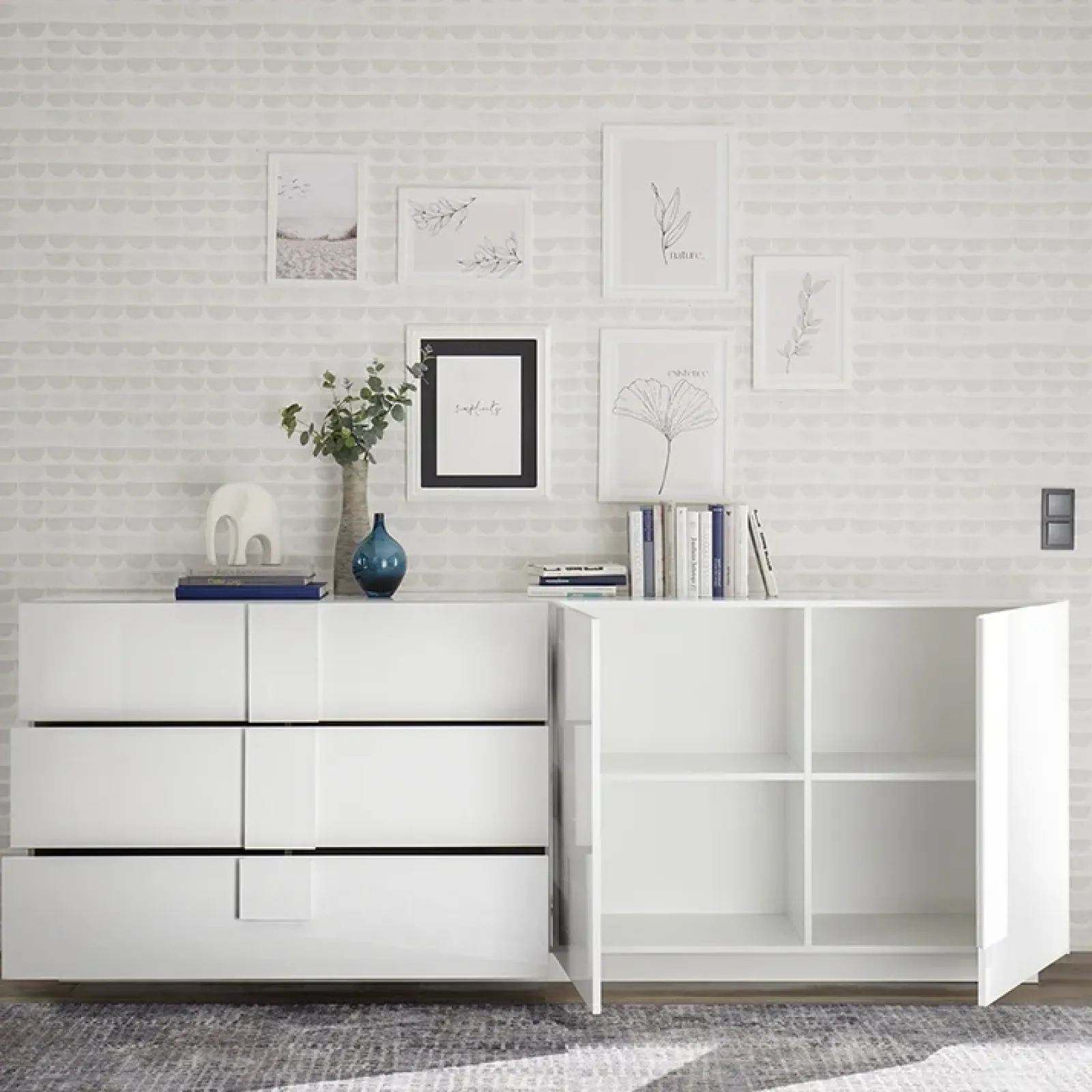 Garnero Arredamenti Credenze Moderne|Madie Moderne-Madia 241x90h cm 2 ante 3 cassetti moderna bianco laccato lucido Alvarez Bianco Lucido