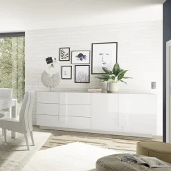 Garnero Arredamenti Credenze Moderne|Madie Moderne-Madia 241x90h cm 2 ante 3 cassetti moderna bianco laccato lucido Alvarez Bianco Lucido