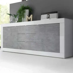 Garnero Arredamenti Credenze Moderne|Madie Moderne-Madia 210x86h cm 2 ante 3 cassetti moderna bianco lucido cemento Eternity Cemento - Bianco Lucido