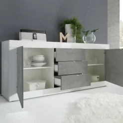 Garnero Arredamenti Credenze Moderne|Madie Moderne-Madia 210x86h cm 2 ante 3 cassetti moderna bianco lucido cemento Eternity Cemento - Bianco Lucido