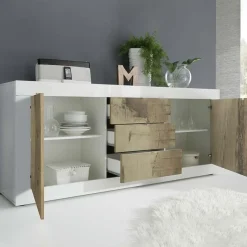 Garnero Arredamenti Credenze Moderne|Madie Moderne-Madia 210x86h cm 2 ante 3 cassetti moderna bianco lucido pero Eternity Rovere - Bianco Lucido
