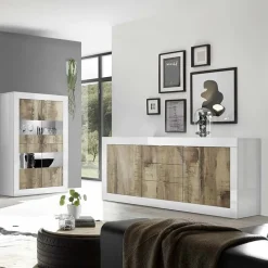 Garnero Arredamenti Credenze Moderne|Madie Moderne-Madia 210x86h cm 2 ante 3 cassetti moderna bianco lucido pero Eternity Rovere - Bianco Lucido