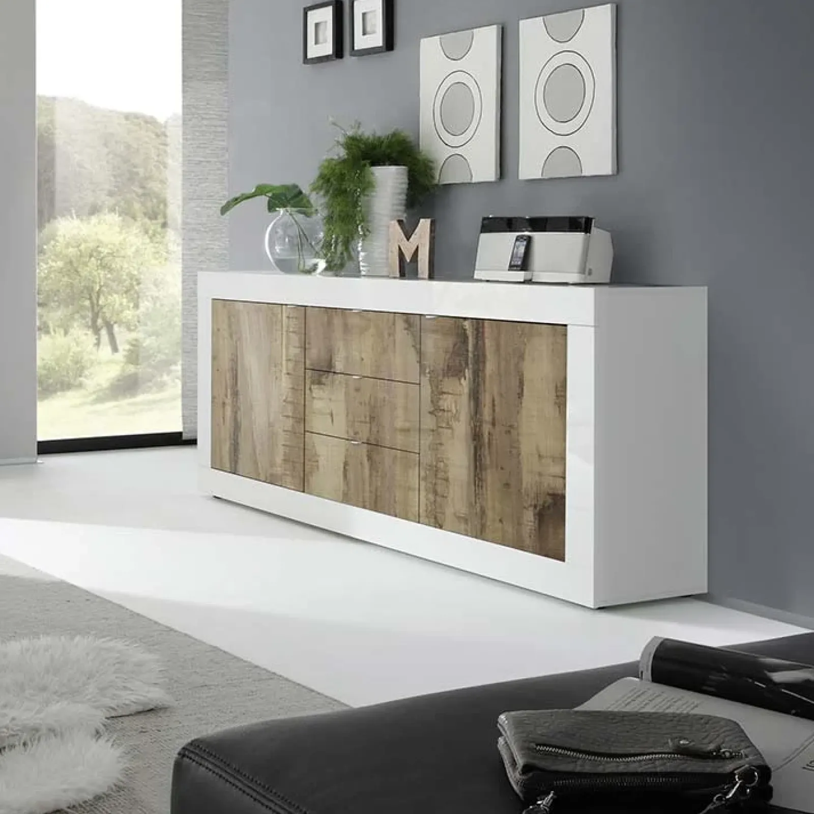 Garnero Arredamenti Credenze Moderne|Madie Moderne-Madia 210x86h cm 2 ante 3 cassetti moderna bianco lucido pero Eternity Rovere - Bianco Lucido