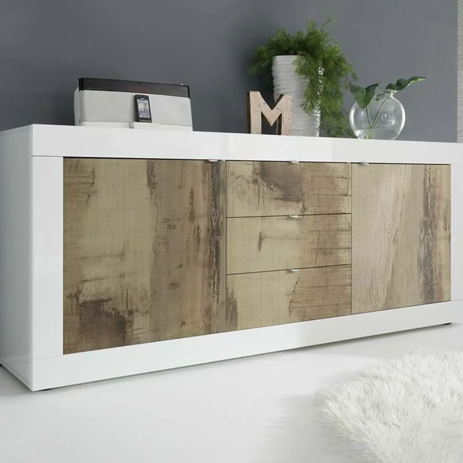 Garnero Arredamenti Credenze Moderne|Madie Moderne-Madia 210x86h cm 2 ante 3 cassetti moderna bianco lucido pero Eternity Rovere - Bianco Lucido