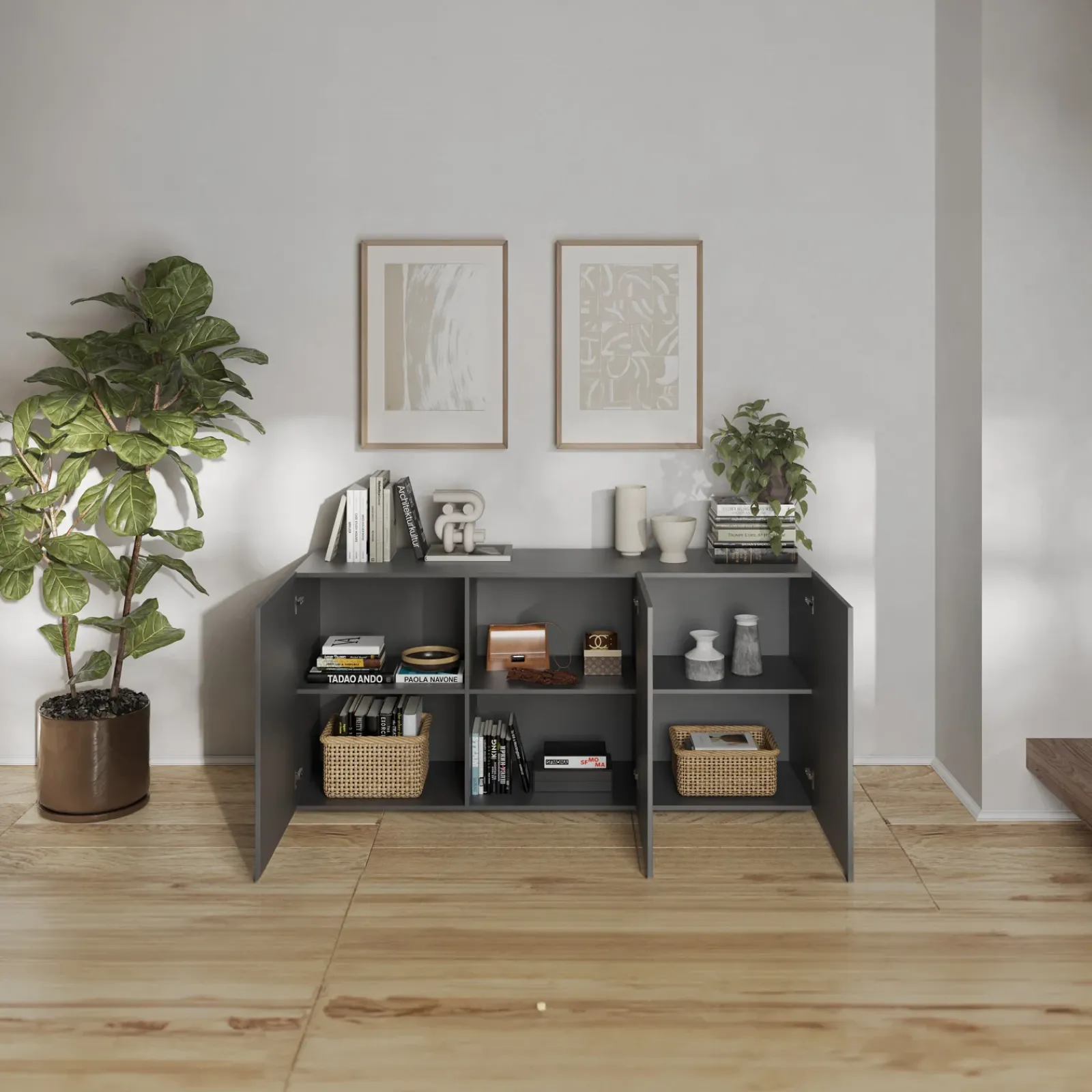 Garnero Arredamenti Madie Moderne|Madie Moderne-Madia 181x95h cm 3 ante antracite frontali serigrafati Seira