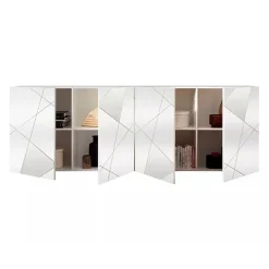 Garnero Arredamenti Credenze Moderne|Madie Moderne-Madia 241x84h cm 4 ante con specchio e serigrafia Olimpo Bianco Lucido