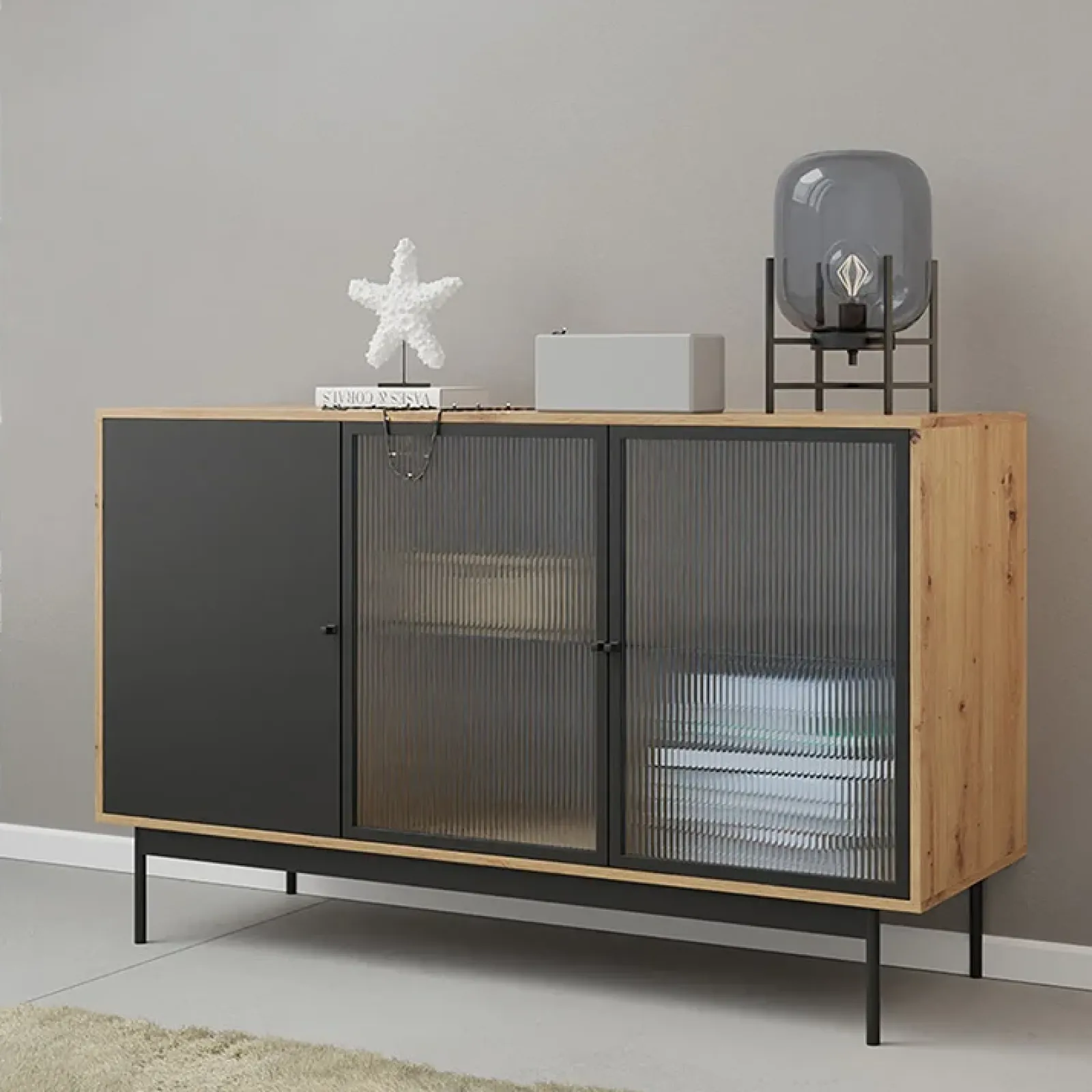 Garnero Arredamenti Madie Moderne|Madie Moderne-Madia 148x90h cm 3 ante con led rovere nero Herning