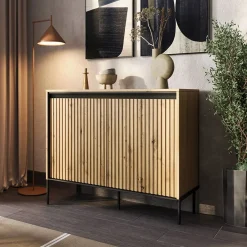 Garnero Arredamenti Madie Moderne|Madie Moderne-Madia 98x83h cm 2 ante con led cannettato nero Camelia Rovere Rustico