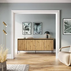 Garnero Arredamenti Madie Moderne|Madie Moderne-Madia 193x83h cm 4 ante con led cannettato nero Camelia Rovere Rustico