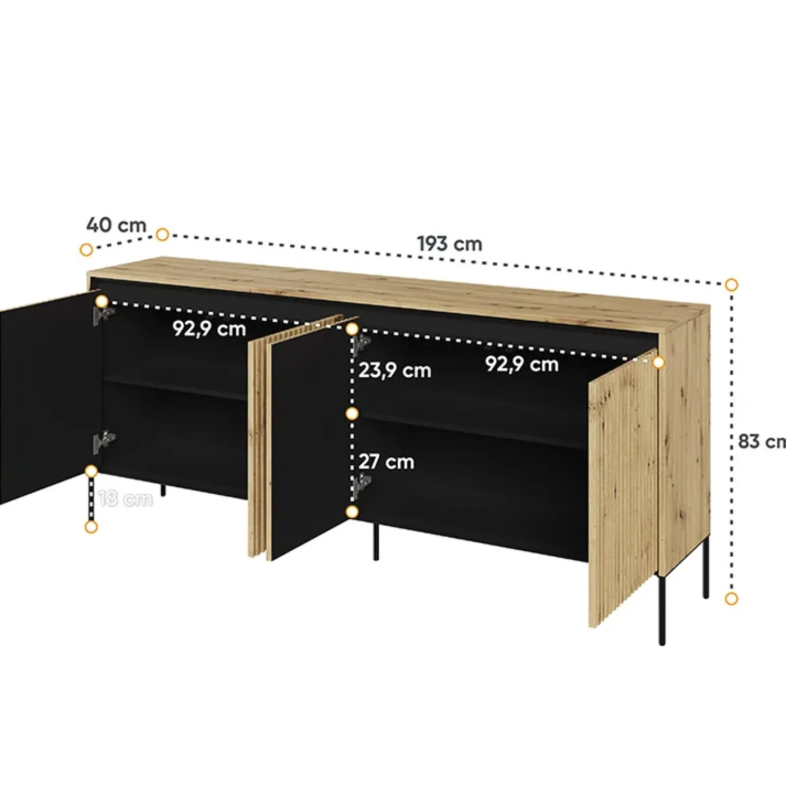 Garnero Arredamenti Madie Moderne|Madie Moderne-Madia 193x83h cm 4 ante con led cannettato nero Camelia Rovere Rustico