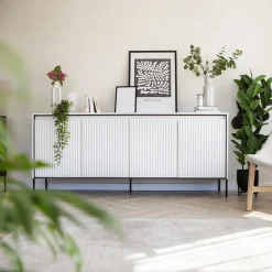 Garnero Arredamenti Madie Moderne|Madie Moderne-Madia 193x83h cm 4 ante con led cannettato nero Camelia Bianco Opaco