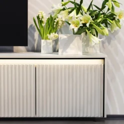 Garnero Arredamenti Madie Moderne|Madie Moderne-Madia 193x83h cm 4 ante con led cannettato nero Camelia Bianco Opaco