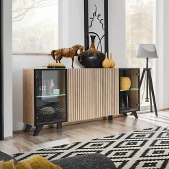 Garnero Arredamenti Credenze Moderne|Madie Moderne-Madia 160x82h cm 4 ante con stampa nera soggiorno noce Mendes