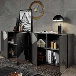 Garnero Arredamenti Credenze Moderne|Madie Moderne-Madia 241x84h cm 4 ante grigio lucido specchio con serigrafia Olimpo Antracite