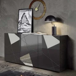 Garnero Arredamenti Credenze Moderne|Madie Moderne-Madia 181x84h cm 3 ante grigio lucido specchio con serigrafia Olimpo Antracite